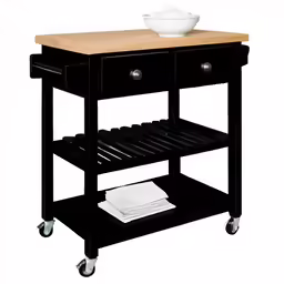 a kitchen cart with wooden top and drawers