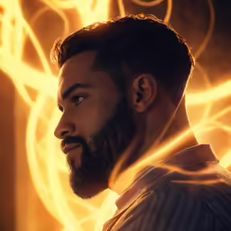 the man looks up at a large swirl of flames