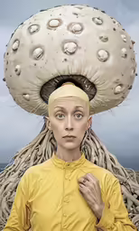 an image of a woman posing in front of a mushroom