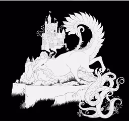 the print is depicting a dragon and another creature,black and white drawing of a woman riding a dragon