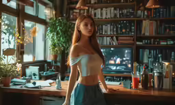 a young woman in a white crop top stands at a desk with shelves full of books, plants and cups