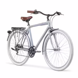 a gray bicycle with brown seat on white background