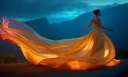 a woman in a beautiful yellow dress stands with her flowing yellow flowing fabric