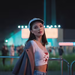 a woman in white top and blue jeans with jacket and baseball cap