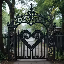 there is a large wrought iron gate in a city