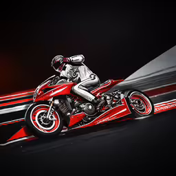 the man on a motorcycle drives along a red line,man on red and black motorcycle on a dark grey background