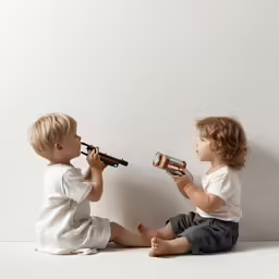 two young children are playing with guns