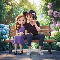 two young girls are sitting on a bench