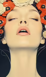 a woman is wearing flowers in her hair