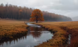 a river is in the middle of a grass field and trees are in the background