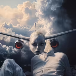 a woman standing beside an airplane with eyeballs