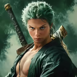 a person with green hair and wearing a sword