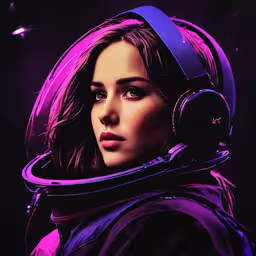 a woman wearing headphones and purple coat,a woman with headphones on wearing purple and black