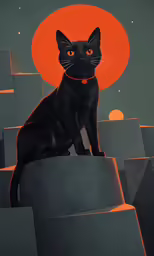black cat sitting on a large rock at sunset