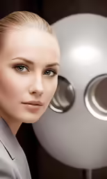 a female model with a bald and blue eyes looks at the camera