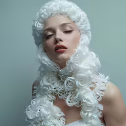 a woman with blonde hair and a white dress with ruffles