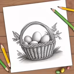 some colored pencils near some paper on a table,an easter basket with eggs in it sitting on a table