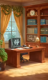 an office with bookcases, a computer desk and a tv in it