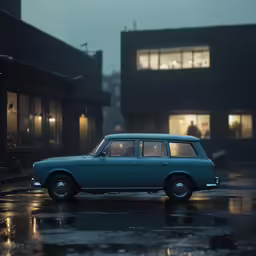 a blue mini van is parked in the rain