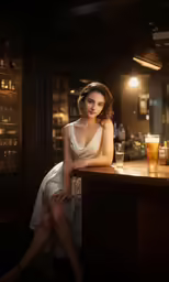 a woman sitting on the bar in the evening