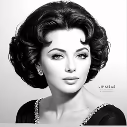 a black and white image of a woman wearing pearls