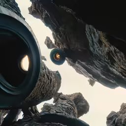 view up at a speaker hanging from a rock outcropping