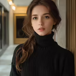 young woman wearing black clothing leaning against the wall