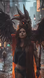 a woman is walking in the rain wearing a strange mask