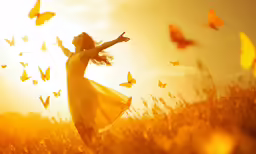 a woman stands in a field surrounded by orange butterflies