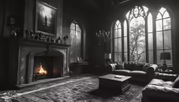 a fireplace in a living room that has three windows