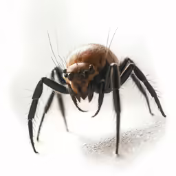 a brown and black spider standing on top of a white surface