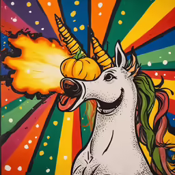 a white unicorn has its tongue open, and a rainbow background