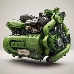 a green motorcycle with large propellers and a number plate