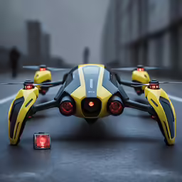 the yellow and black helicopter is on the street