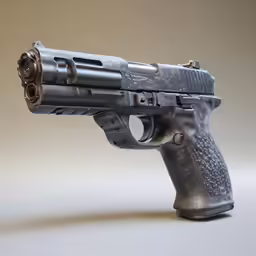 a gun with no sights is displayed on a table