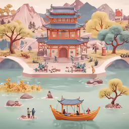 an old painting is displayed, with a boat at the foreground