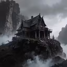 an old house with mist coming out of the ground