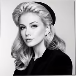 the beautiful blond haired woman with long hair wearing a black dress and hat