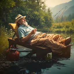 a man laying in a bench near a lake,man in white hat with yellow umbrella relaxing on bench