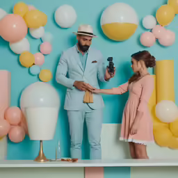 the man in a suit holds up a flower near a young woman