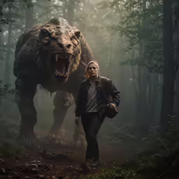 a person walking through the woods with an animal