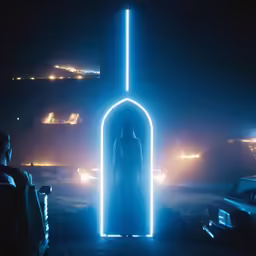 a dark and mysterious photo shows a person with large head, surrounded by neon lights