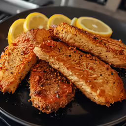 a black plate topped with fried fish and sliced lemons