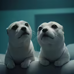 two white puppies sitting next to each other on a bed