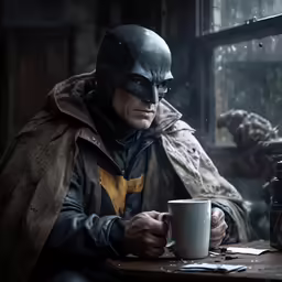 a batman looking at a camera and holding a mug