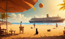 there are people on the beach, two dogs sitting,a beach that has some chairs on it