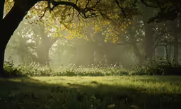 a tree with lots of green foliage is standing in a field