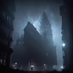 a creepy building with an eerie, ghostly face in a foggy city