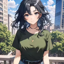 a girl is in the city wearing a green shirt