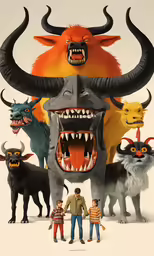 several monsters with big mouths and huge teeth
